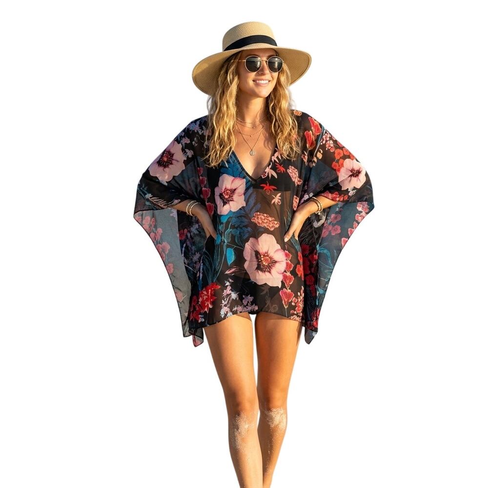 Floral Cover Up Top Large Boho Sheer Kimono Sleeves Beach Pool Vacation Tropical